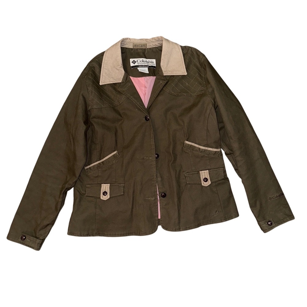Columbia Sportswear Women Olive Green Canvas Field Jacket Corduroy Trim Large